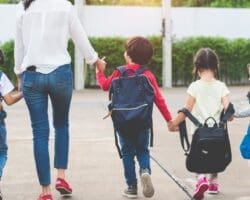 Children walking to school with backpacks.